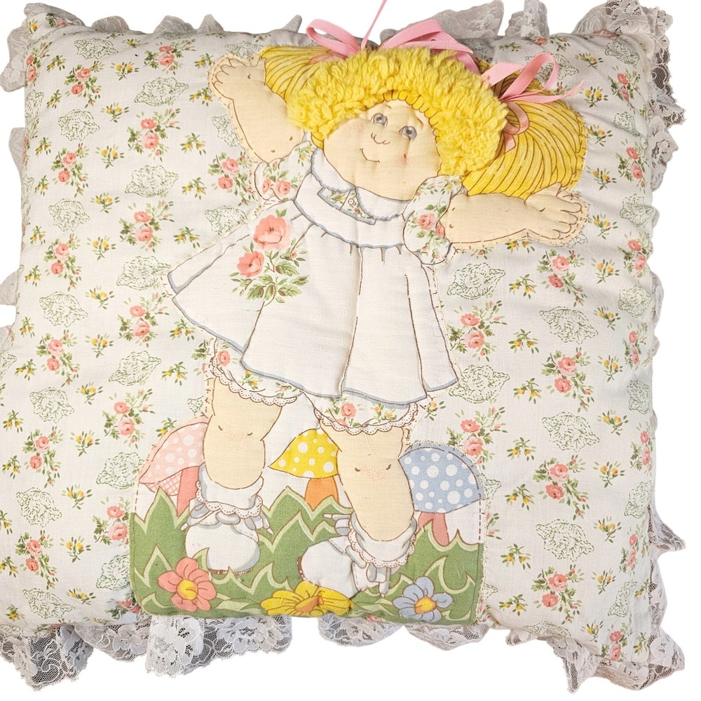 1980s Cabbage Patch Kids Lace Trim Floral Mushroom Pillow‎ Yarn Hair 1980s 20in